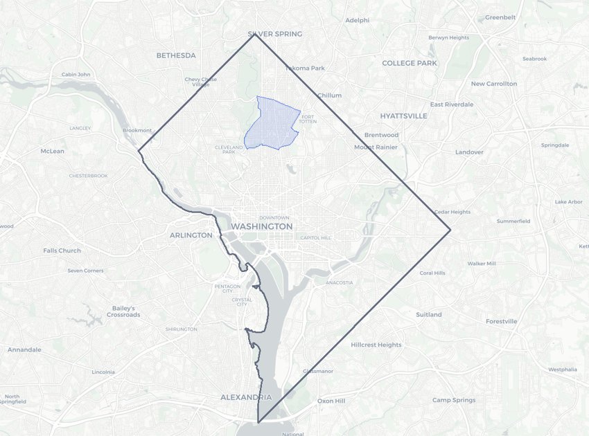 Brightwood Park highlighted on a map of Washington, DC