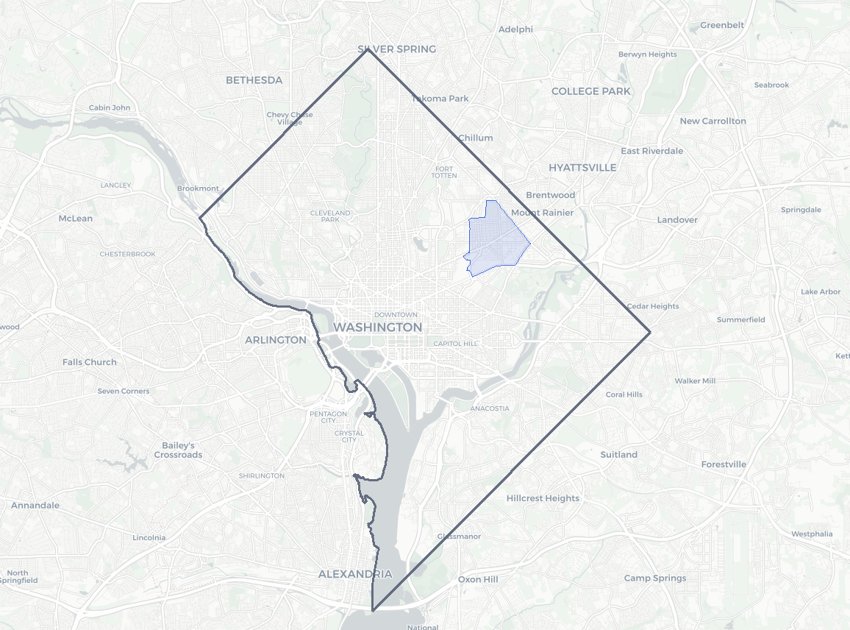 Brookland highlighted on a map of Washington, DC