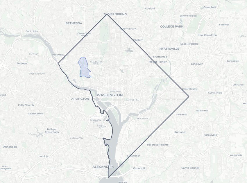 Cathedral Heights highlighted on a map of Washington, DC