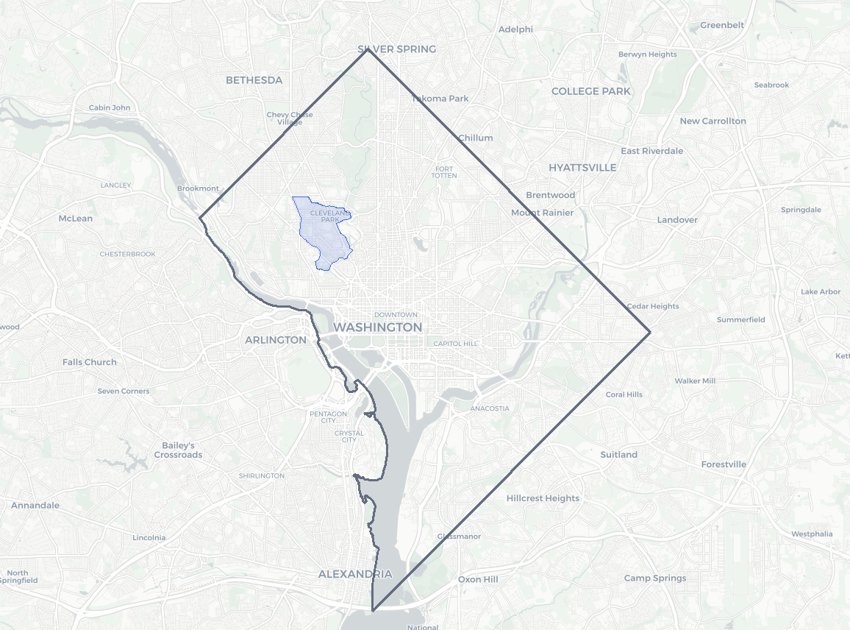 Cleveland Park highlighted on a map of Washington, DC