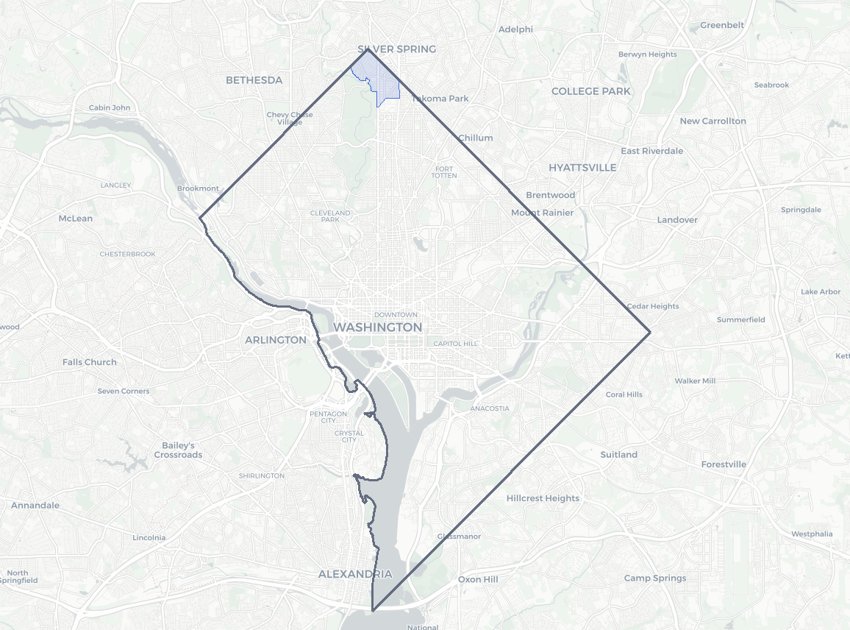 Colonial Village highlighted on a map of Washington, DC