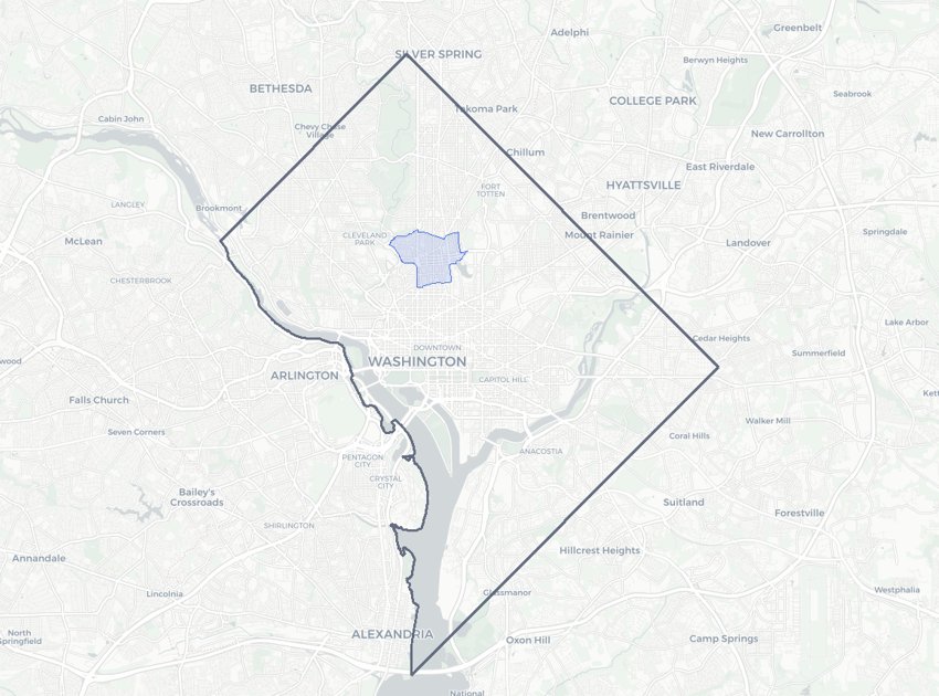 Columbia Heights highlighted on a map of Washington, DC