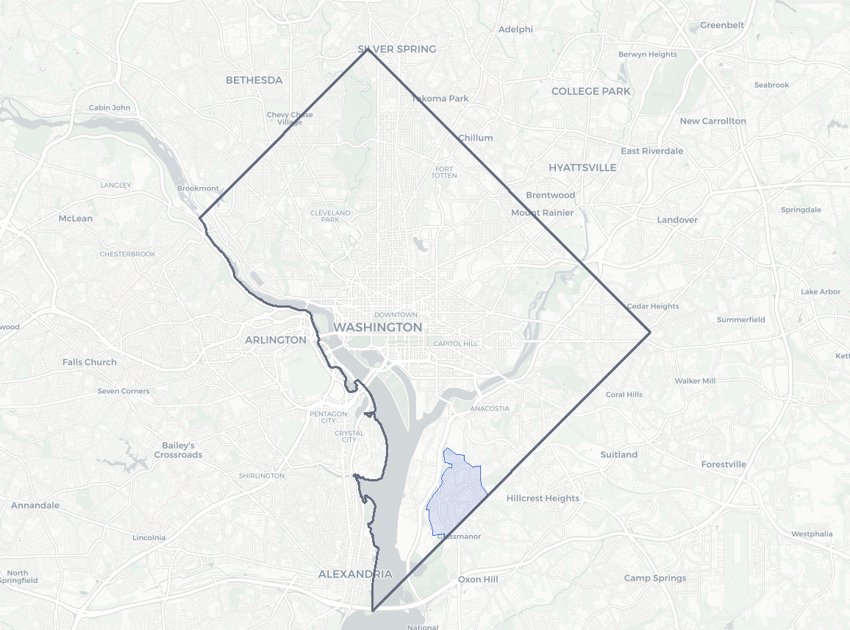 Congress Heights highlighted on a map of Washington, DC
