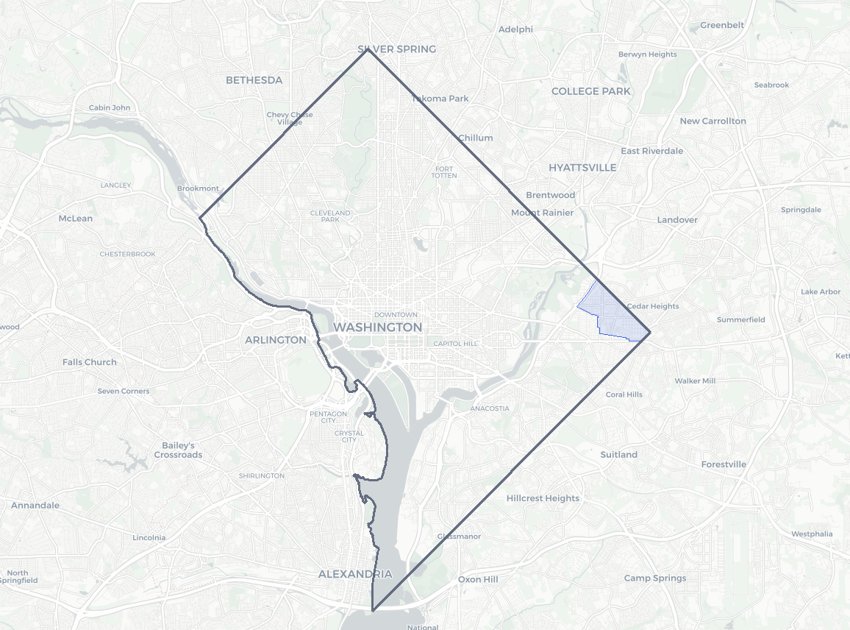 Deanwood highlighted on a map of Washington, DC