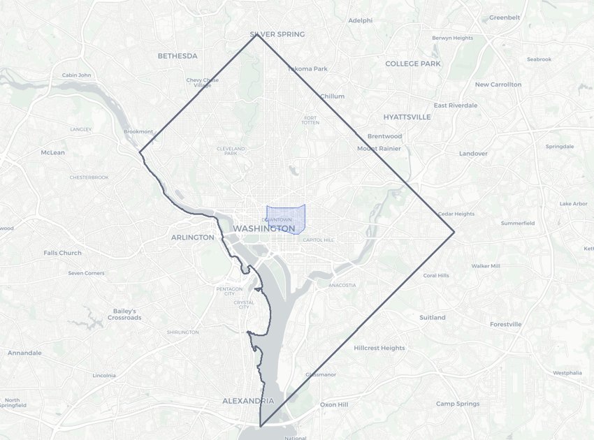 Downtown highlighted on a map of Washington, DC