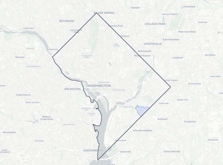 Fairfax Village highlighted on a map of Washington, DC