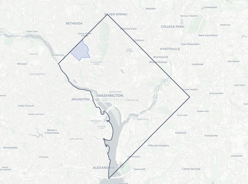 Friendship Heights highlighted on a map of Washington, DC