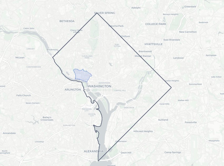 Georgetown highlighted on a map of Washington, DC