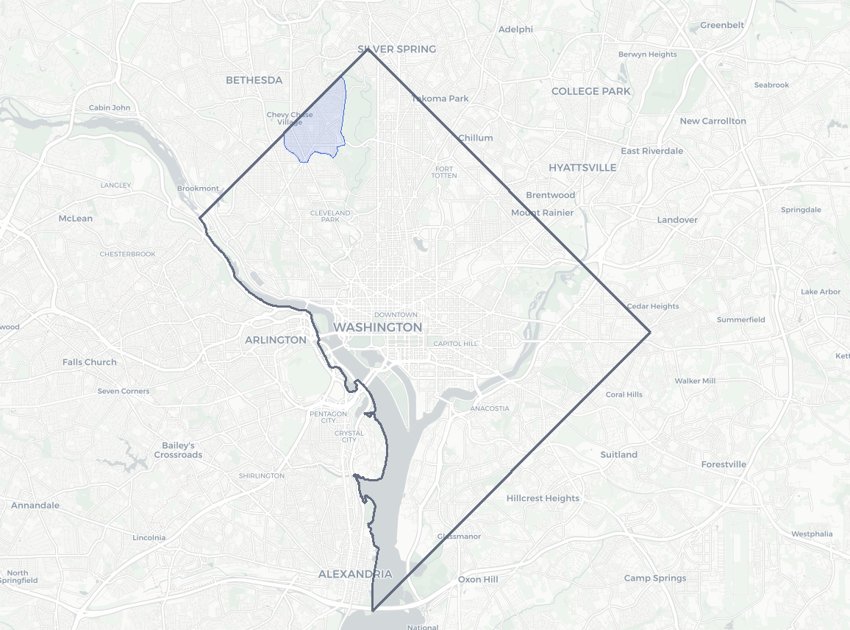Hawthorne highlighted on a map of Washington, DC