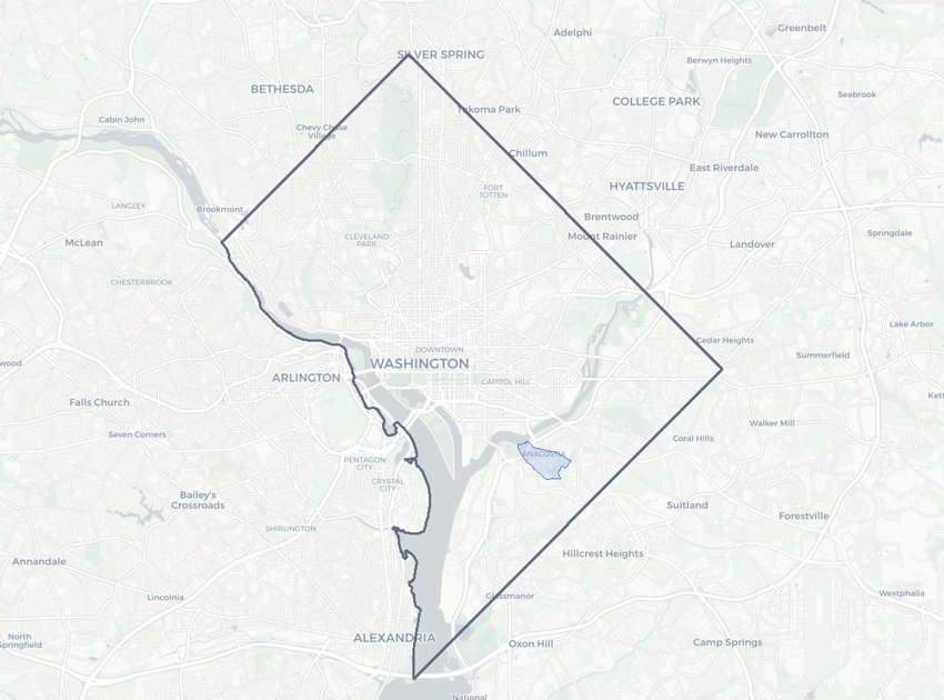 Historic Anacostia highlighted on a map of Washington, DC