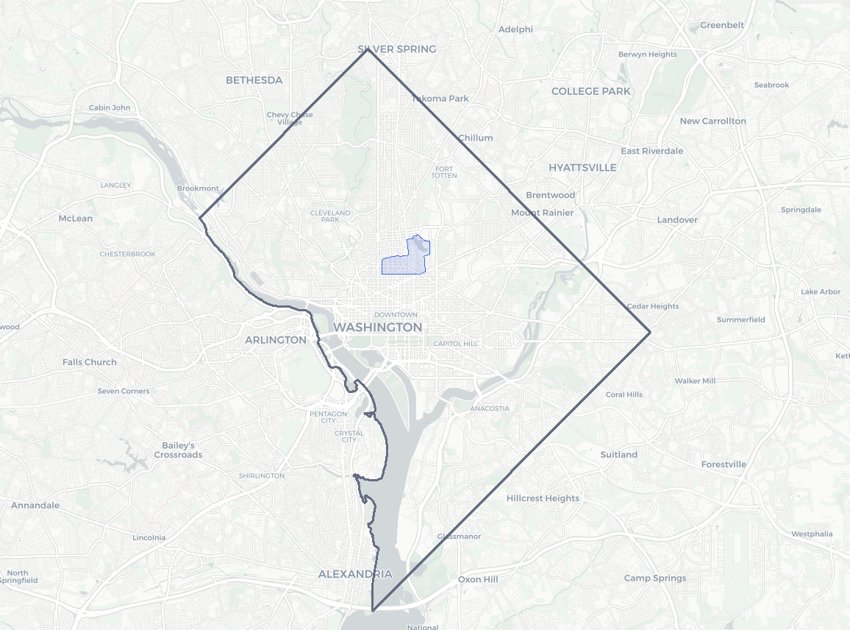 Howard University highlighted on a map of Washington, DC