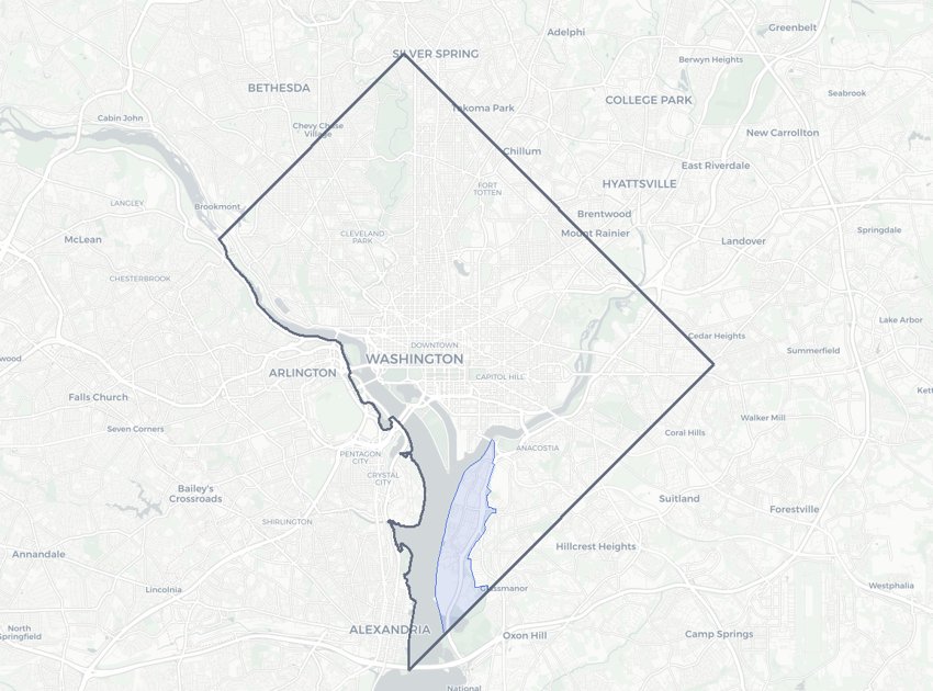 Joint Base Anacostia-Bolling highlighted on a map of Washington, DC