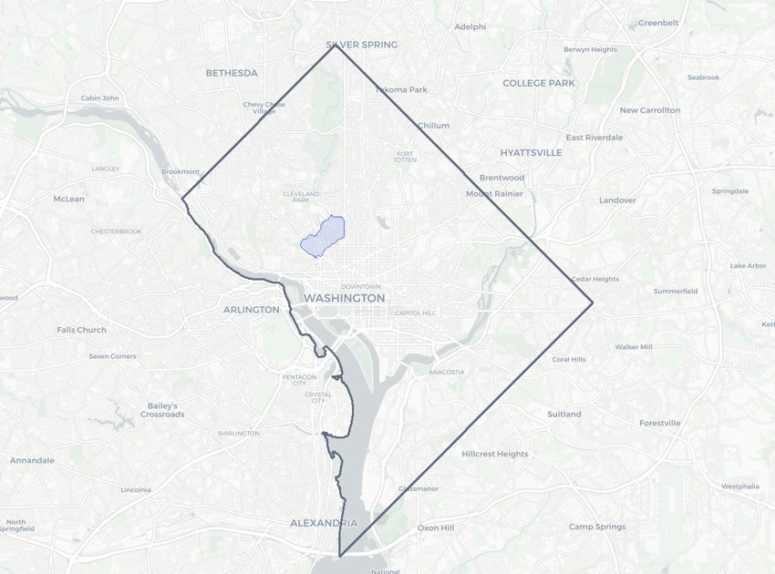 Kalorama Heights highlighted on a map of Washington, DC