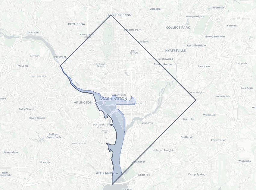 National Mall highlighted on a map of Washington, DC