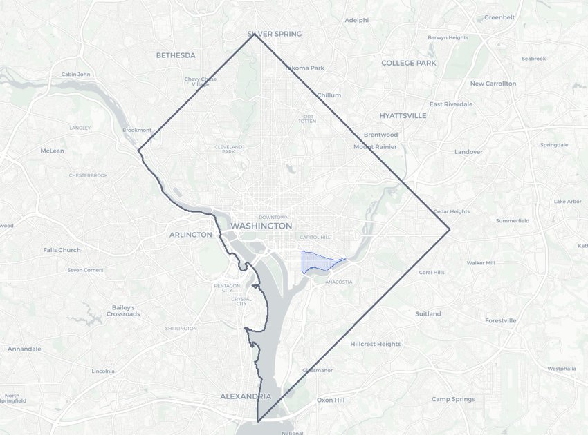 Near Southeast highlighted on a map of Washington, DC