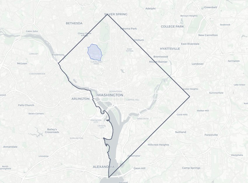 North Cleveland Park highlighted on a map of Washington, DC