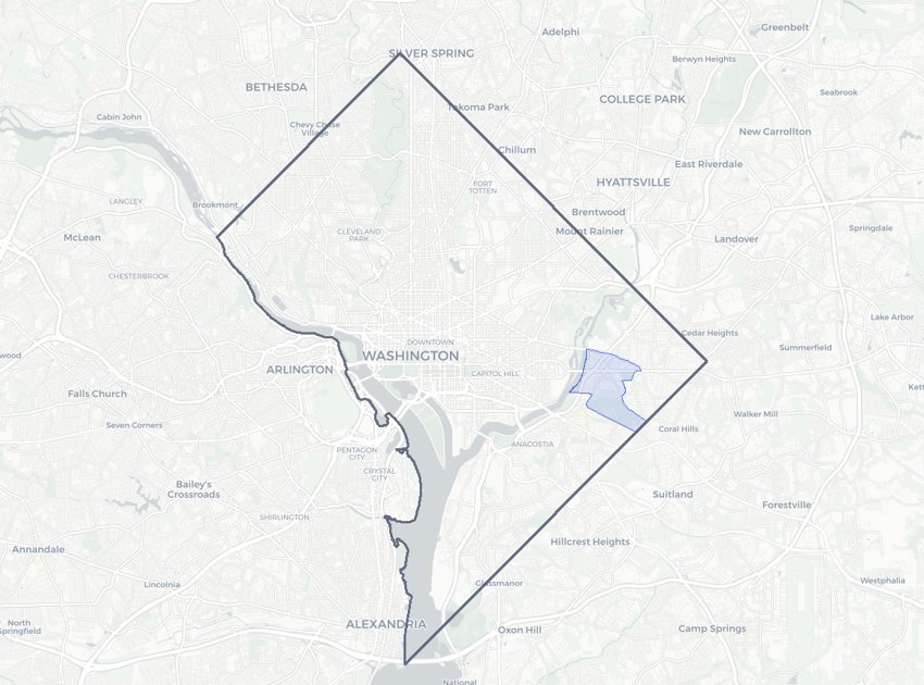 River Terrace highlighted on a map of Washington, DC