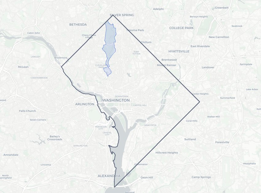 Rock Creek Park highlighted on a map of Washington, DC