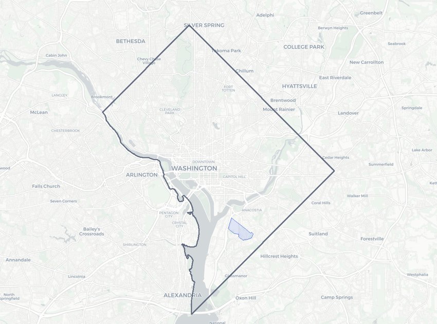 Saint Elizabeths highlighted on a map of Washington, DC