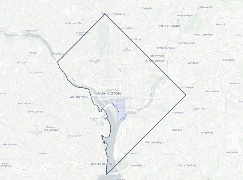 Southwest Employment Area highlighted on a map of Washington, DC
