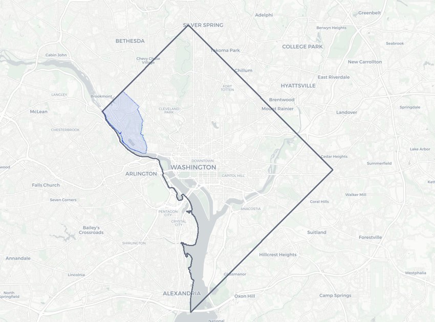 Spring Valley highlighted on a map of Washington, DC