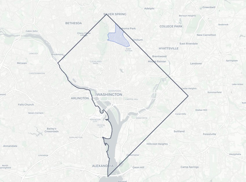 Takoma highlighted on a map of Washington, DC