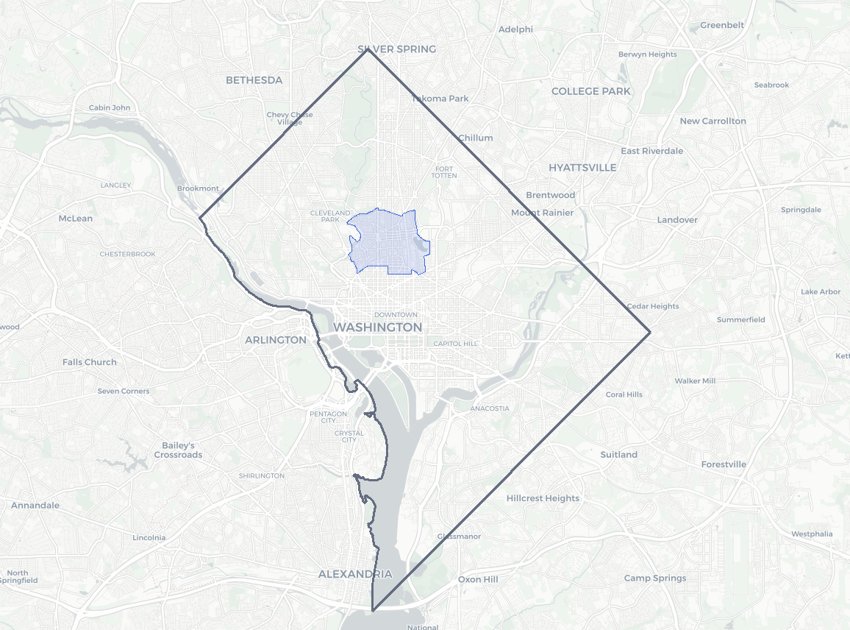 Ward 1 highlighted on a map of Washington, DC