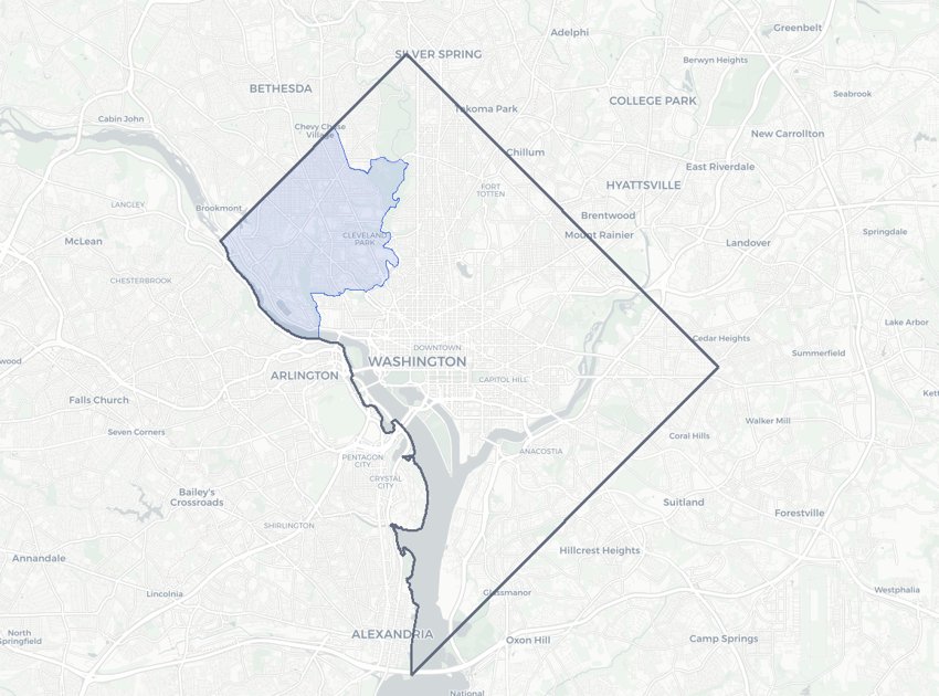 Ward 3 highlighted on a map of Washington, DC