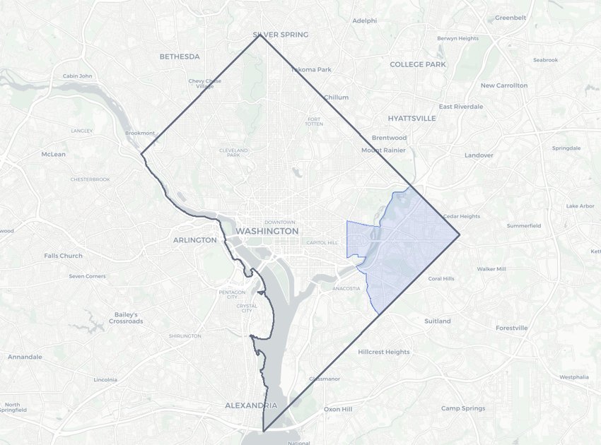 Ward 7 highlighted on a map of Washington, DC