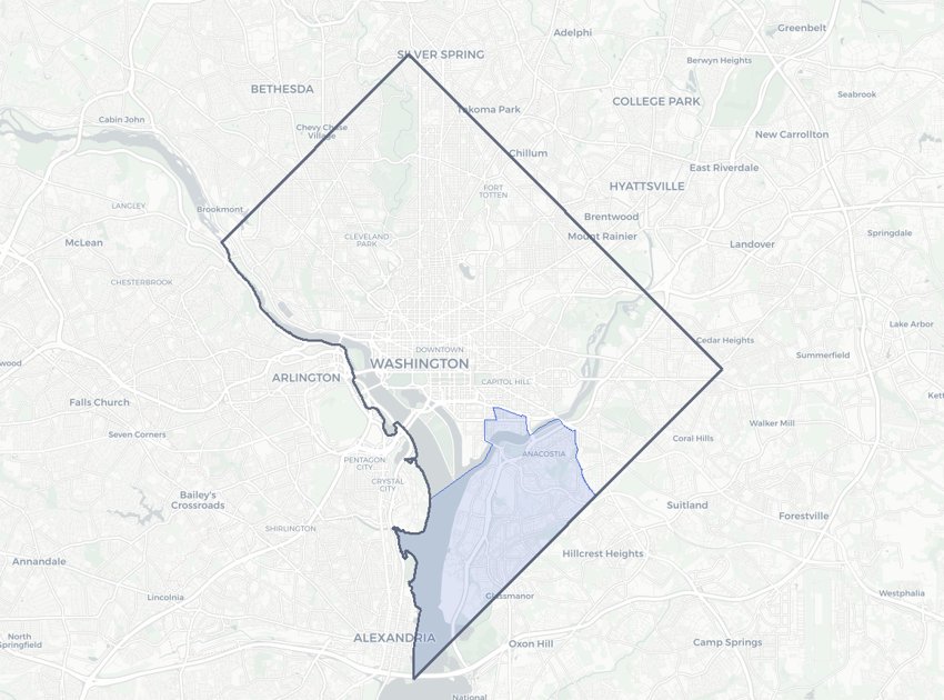 Ward 8 highlighted on a map of Washington, DC