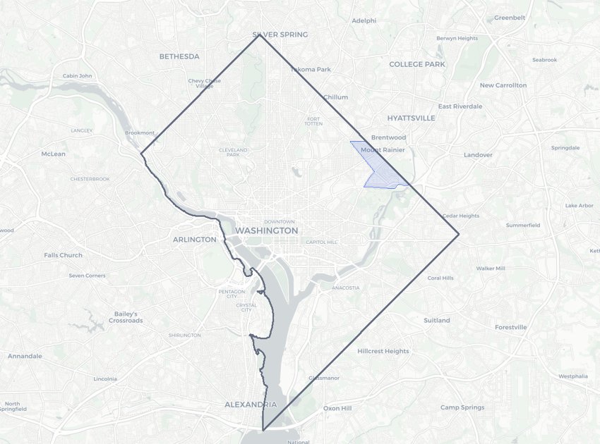 Woodridge highlighted on a map of Washington, DC